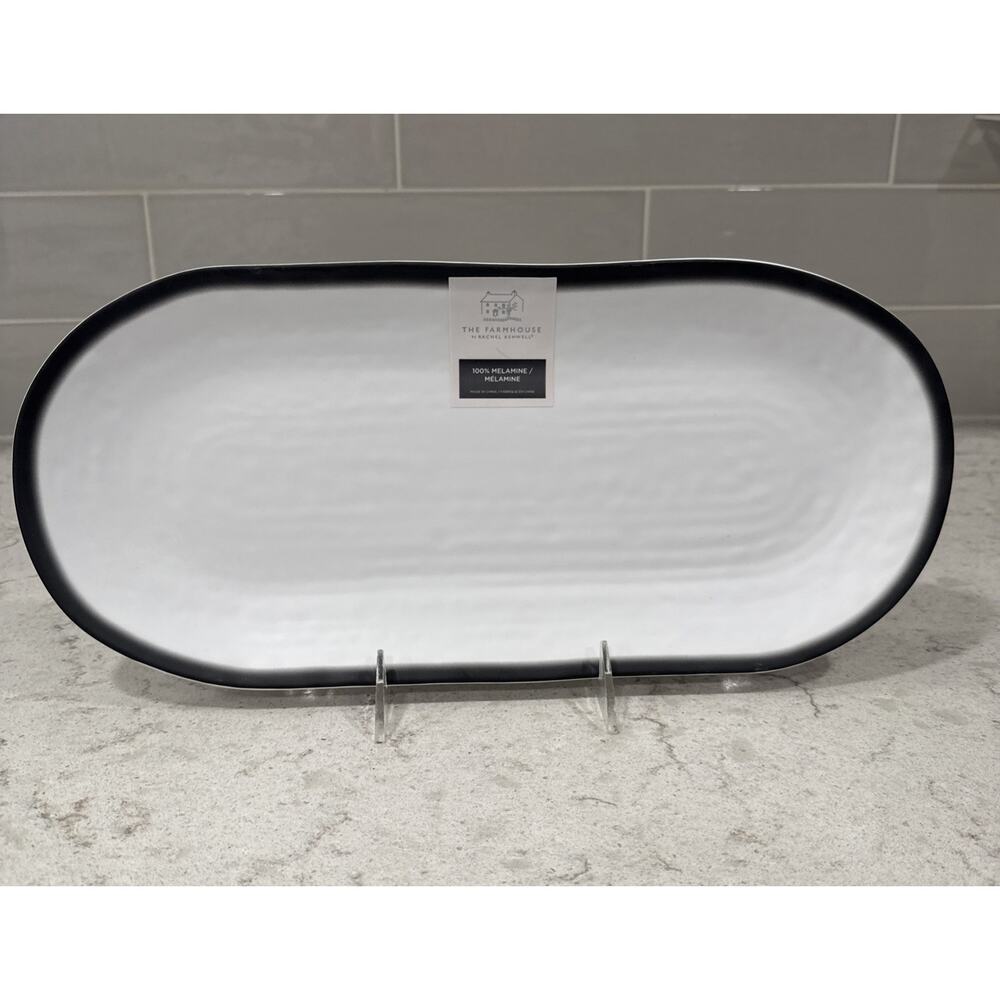 Melamine 15x7” Oval Serving Tray Platter Plate Black Rim Matte White Farmhouse